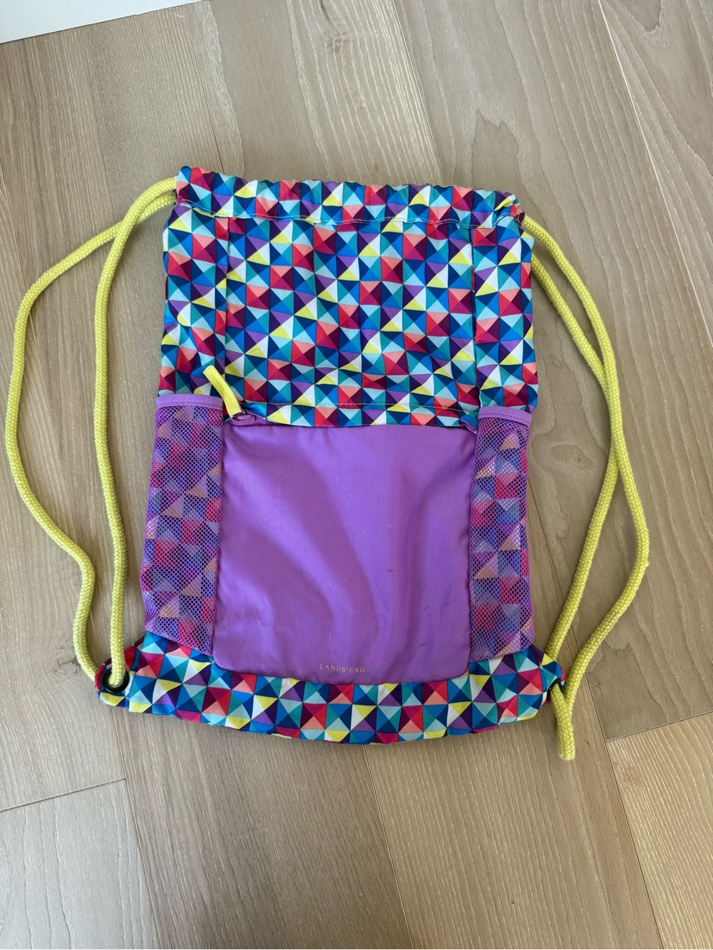 Lands' End Kids Multicolor Geometric Drawstring Backpack with Yellow Cords